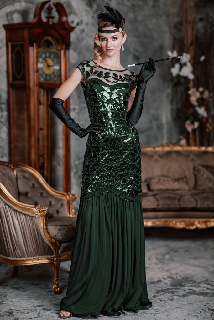 Green 1920s Sequin Maxi Flapper Dress ...